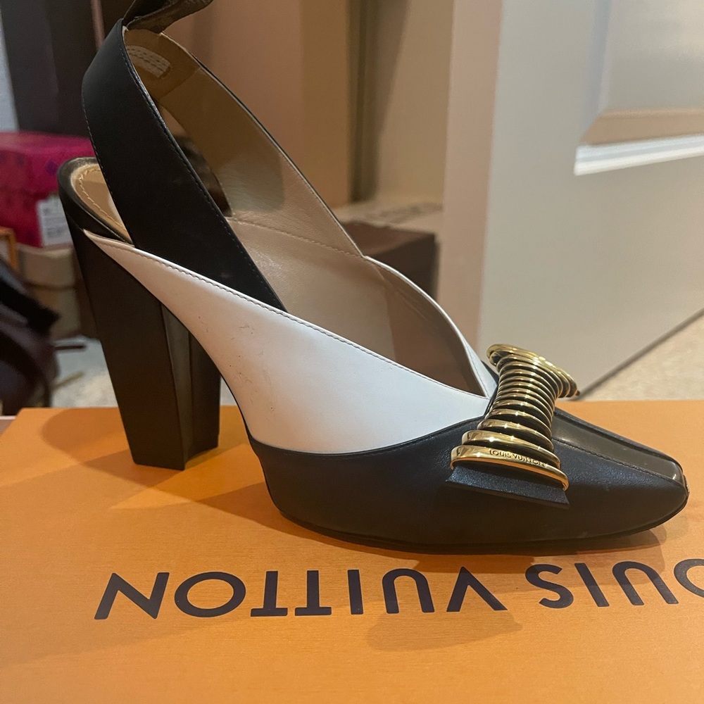 Louis Vuitton Black, White, Gold Block Heels